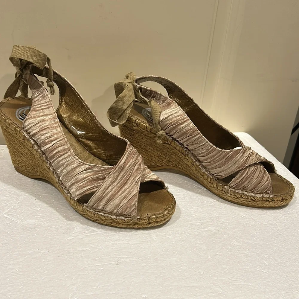 Vidorreta Espadrille Wedge Sandals open toe sling back faux tie satiny pleat 38